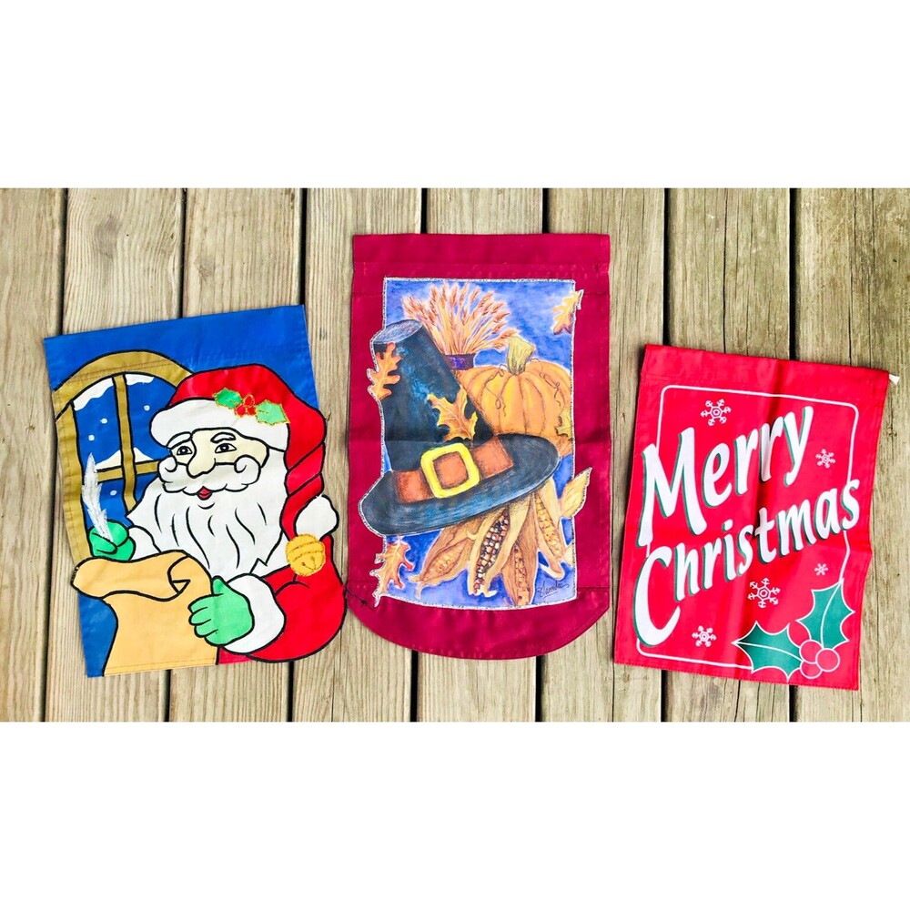 Lot of 3 Decorative Yard Flags Christmas Santa Thanksgiving Holiday Banners